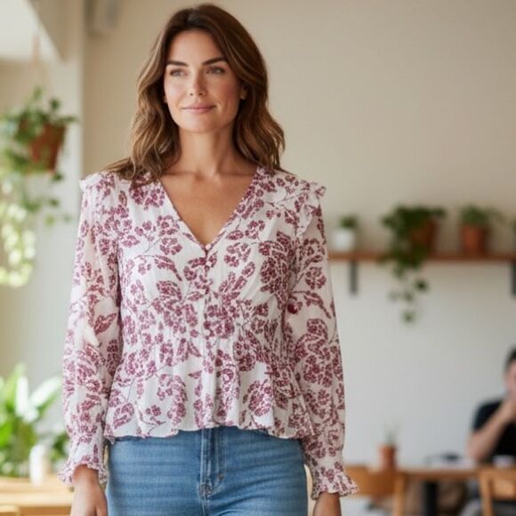 White House Black Market Tops - White House Black Market White & Red Floral V-Neck Peplum Blouse